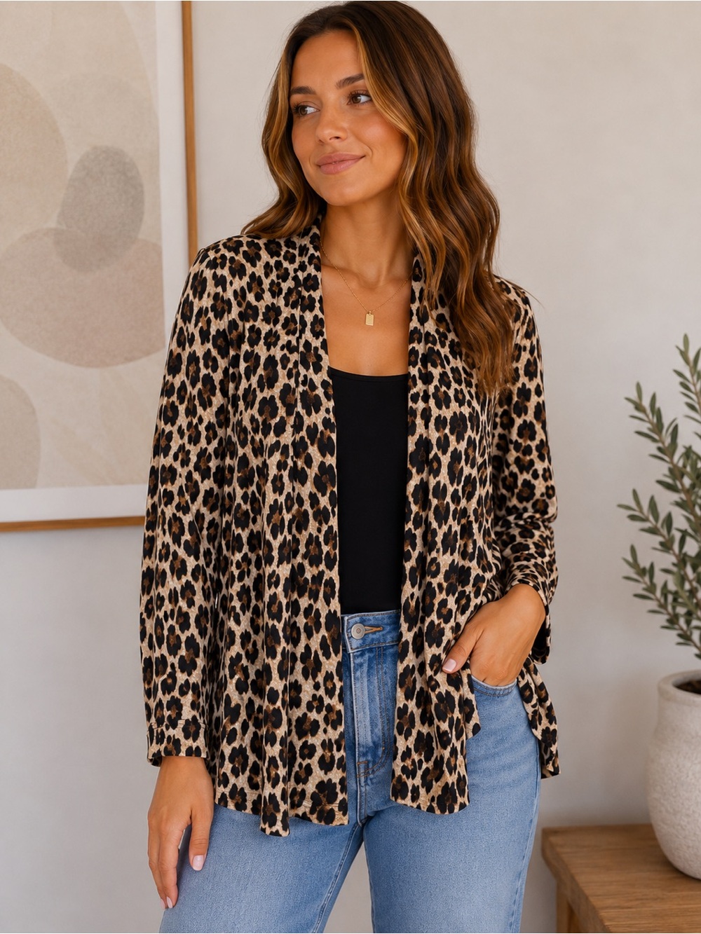 Vince Camuto Leopard Print Open Cardigan - Black & Cream